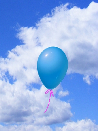 Blue balloon with pink ribbon floating freely into the clouds